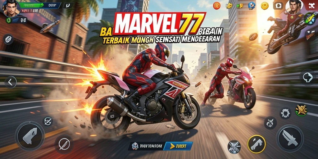 Tampilan gameplay balapan motor yang mendebarkan di MARVEL77.