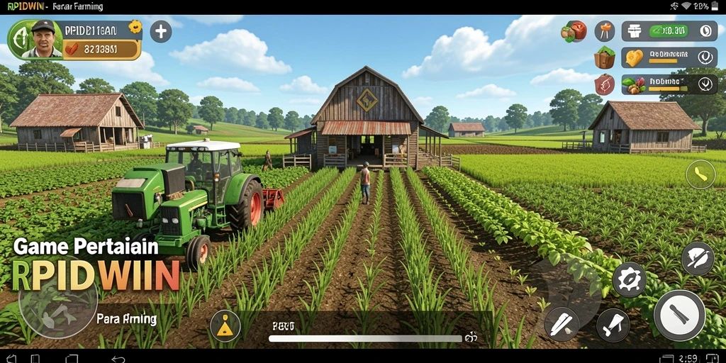 Screenshot gameplay RPIDWIN menunjukkan ladang subur dan aktivitas berkebun.