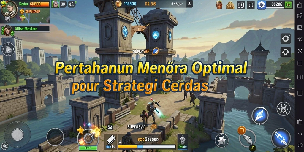 Screenshot gameplay SUPERSVIP dengan menara yang strategis dan musuh menyerang.