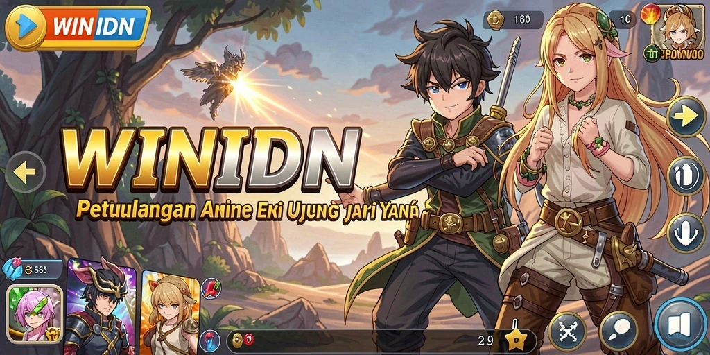 Tampilan gameplay <strong>WINIDN</strong> dengan karakter anime yang dinamis dan latar yang memukau.