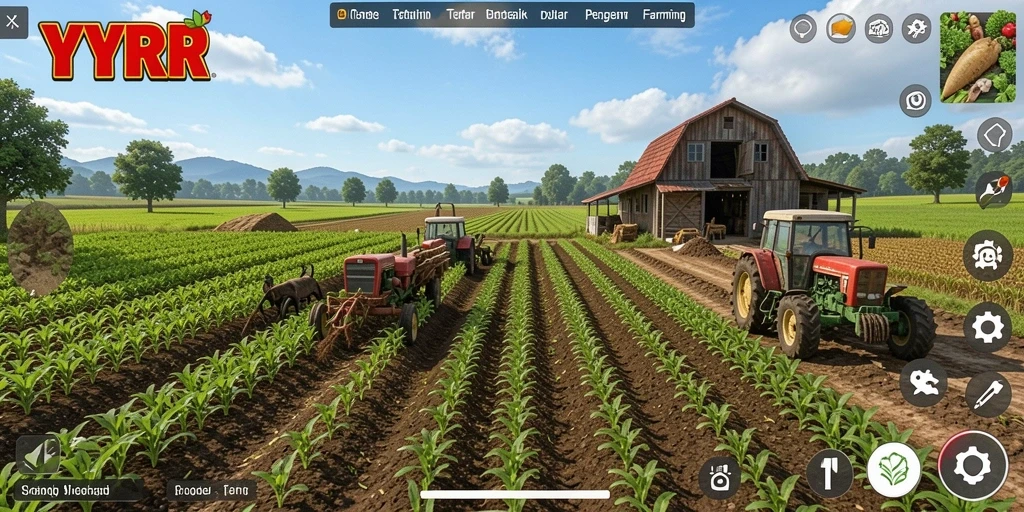 Tampilan gameplay <strong>YYRR</strong> menunjukkan keseruan bermain di ladang pertanian.